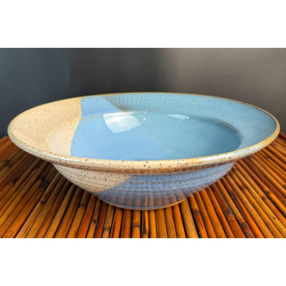 Studio Pottery Stoneware Bowl Blue Cream Glaze Hand Thrown Signed DW Beautiful